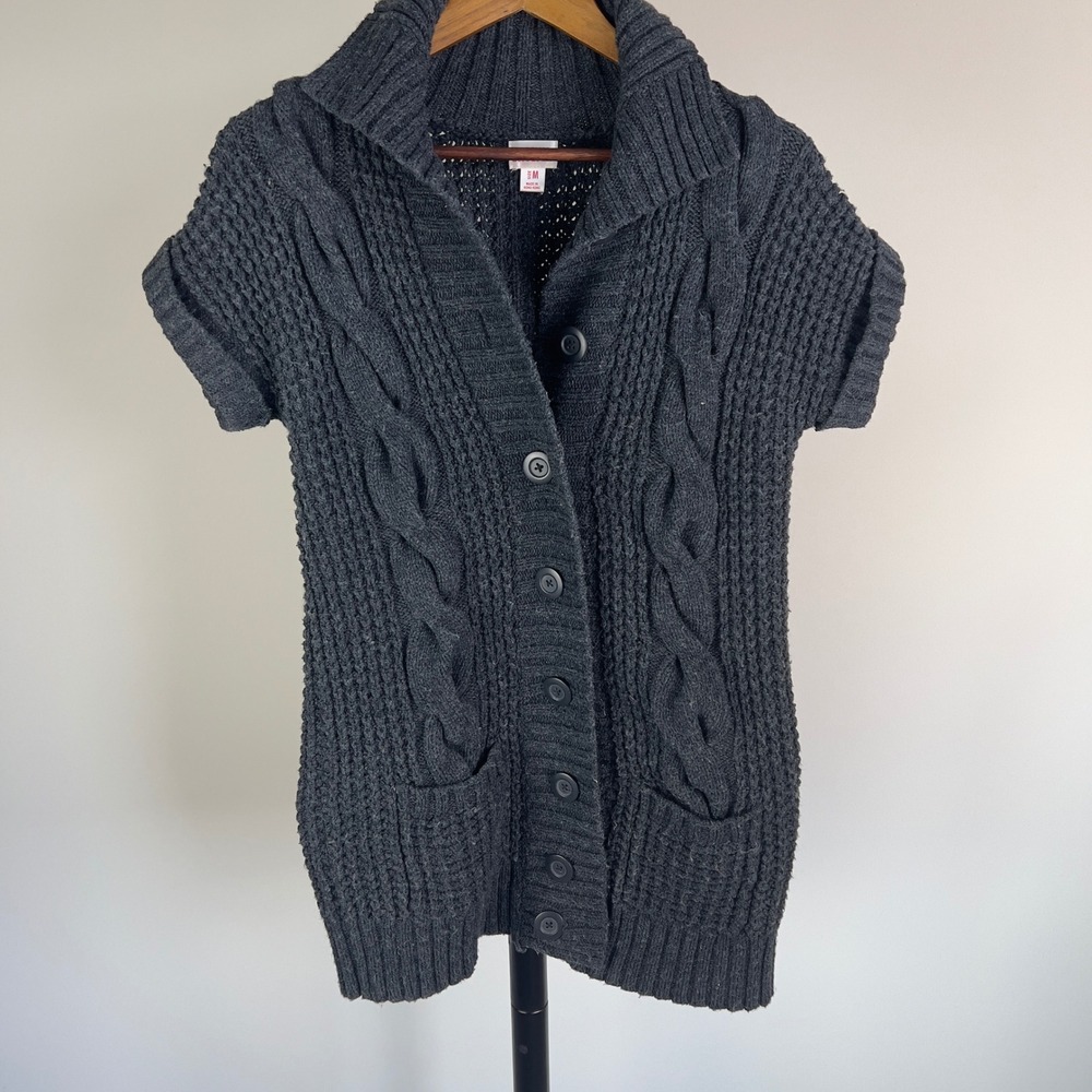 Mossimo Charcoal Gray Cable Knit Short Sleeve Cardigan Vest Sweater Size M